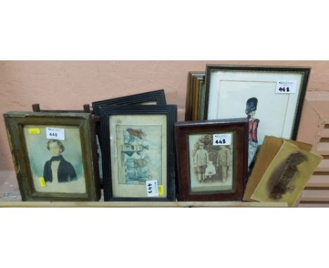 A group of assorted small furnishing pictures and portraits to include: a pair of 18th Century cartoons, 'The Sulky Club' and