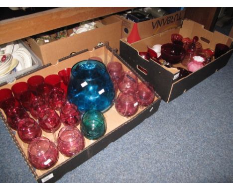 Two trays of assorted glassware to include: Continental cranberry foliate etched glass drinking glasses; ruby wine glasses; c