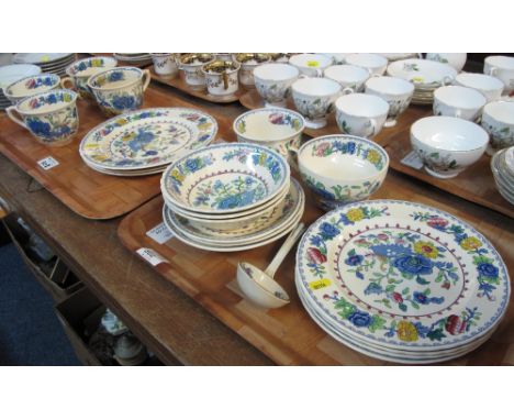 Two trays of Masons Ironstone china 'Regency' design items to include: breakfast cups and saucers; bowls; plates; ladle etc. 