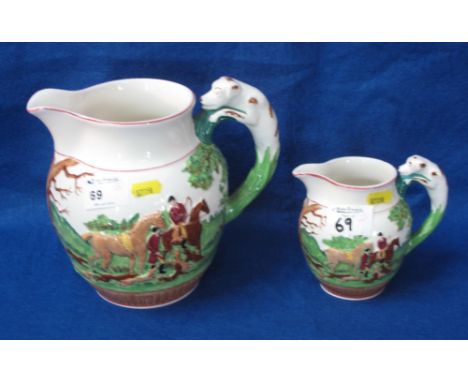 Large Wedgwood Pottery Dye Ken 'John Peel', relief moulded, baluster shaped fox hunting jug together with another similar, sm
