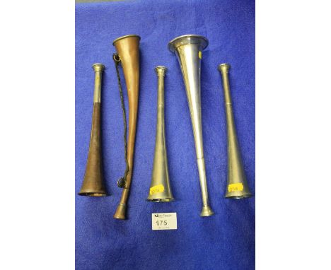 Group of assorted white metal and copper hunting horns, some engraved: Kohler & Son, and another marked: Bull, maker, Finsbur