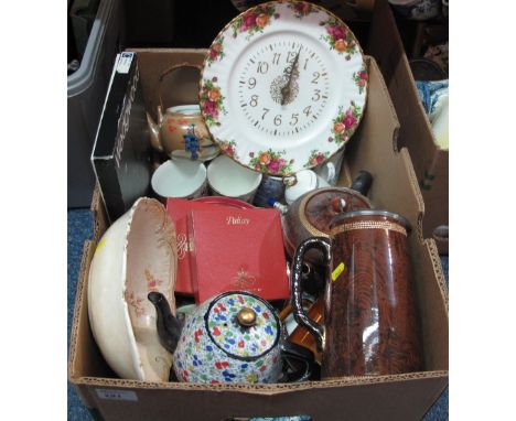 Box of assorted china to include: Royal Albert 'Old Country Roses'; battery operated wall clock; Crown Devon Fieldings bowl; 