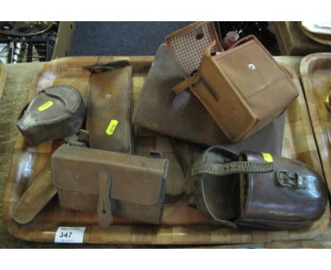 Tray of various leather military pouches together with Salters scales in original pouch; leather compass holder; vintage came