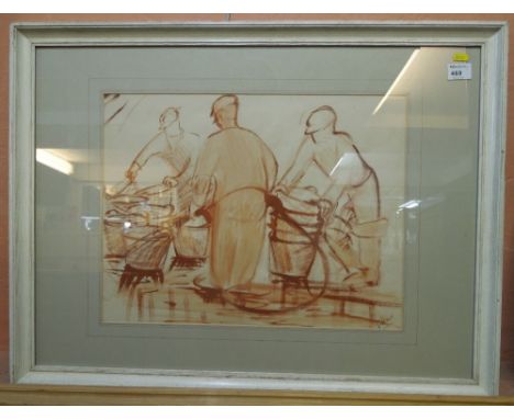Hilda Jillard, 'Men at Work', a watercolour sketch, signed.  Framed and glazed.  Together with a companion picture: 'Ploughin