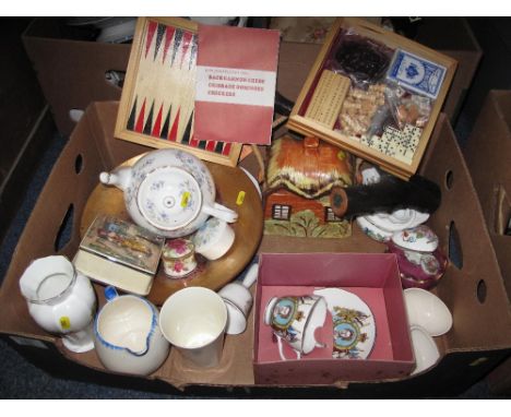 Tray of assorted china to include: Duchess bone china 'Tranquility' teapot; various floral trinket boxes; commemorative beake