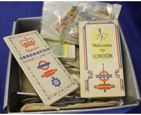 Small box containing 'Welcome to London Transport' British Railway pamphlets; ticket stubs; plated loose cutlery; assorted Pl