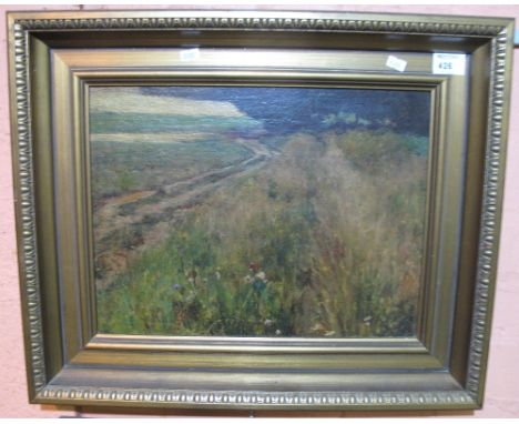 John White, (Scottish, 1851-1933), landscape with approaching storm. Oils on board. Framed. CONDITION REPORT: Light crazing i