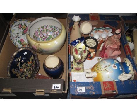 Two trays of assorted china to include: Oriental lidded Koro with Dog of Fo mounts; Continental two handled vase on square ba