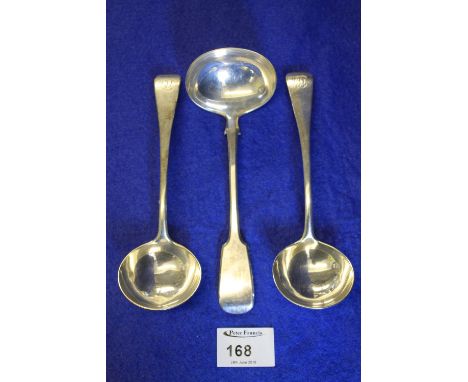 Pair of silver engraved ladles together with silver plated ladle.  (3)
