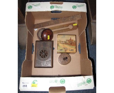 Box of assorted treen to include: hunting scene box; walnut circular box and cover; carved and pierced box etc. (6)