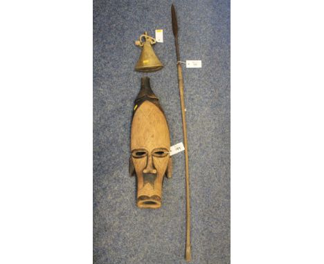 African short Assegai spear, Middle Eastern brass powder flask with silver inset coins and an African carved wooden tribal ma