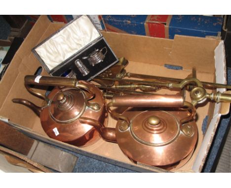 Two vintage copper and brass kettles together with a pair of brass candlesticks, brass shovel and tongs and a cased, silver p