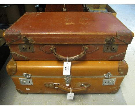 Vintage leather suitcase together with another vintage suitcase. (2)