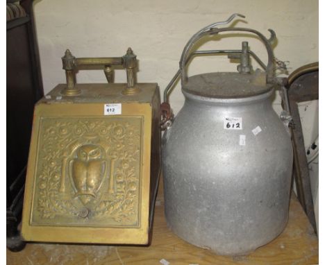 Late 19th/early 20th Century brass coal scuttle with relief owl and foliate decoration together with a vintage milk churn.  (