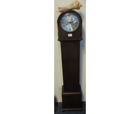 Mid 20th Century oak grandmother clock with two train movement and silvered, Arabic face.