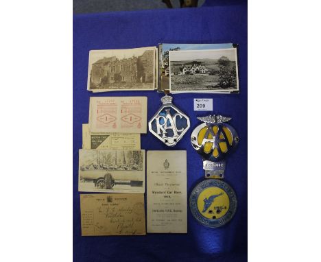 Goodyear Motorcycle and Car Club 1954 badge, RAC badge and AA badge, Royal Automobile Club Official Programme of the Standard