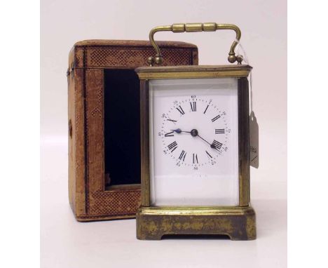Carriage clock white enamel dial, brass case and Condition report: see terms and conditions