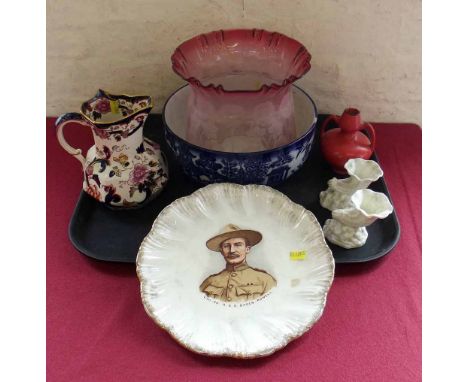 Collection of items: oil lamp shade; Baden Powell plate; Doulton bowl; Mason's jug; Shelley vase; Royal Worcester. Condition 