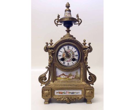 French mantel clock with hand painted ceramic Condition report: see terms and conditions