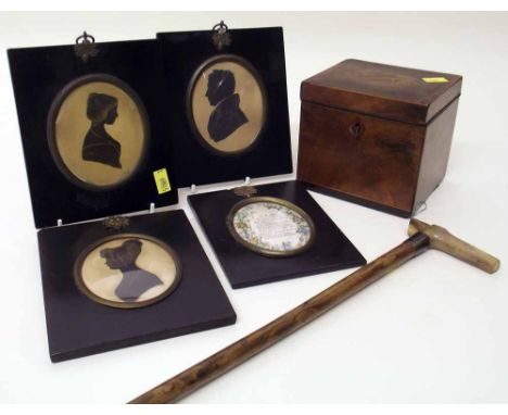 George III inlaid square caddy, three Georgian silhouettes and a horn handled cane. Condition report: see terms and condition