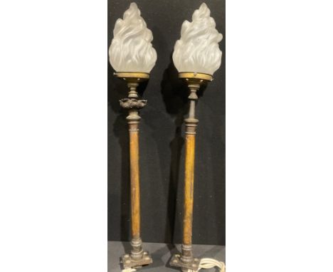 A pair of 19th century brass Balustrade lamps, with flame shades, approx 69.5cm high (2)