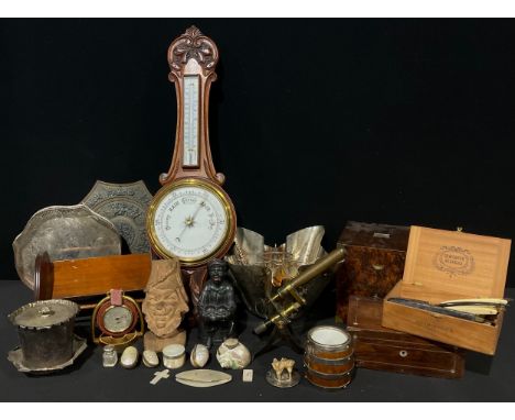 Boxes and Objects - a Victorian burr wood decanter box, c.1860; a microscope; a novelty equestrian desk clock; an Indian silv