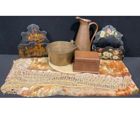 Boxes and Objects - two 19th century papier mache wall racks; a chenille table cloth; a 19th century brass jam kettle; a copp