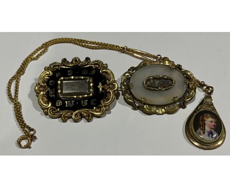 A Elizabethan Style Miniature Portrait gold plated pendant on a gold plated chain and two pinchbeck mourning brooches (A/F); 