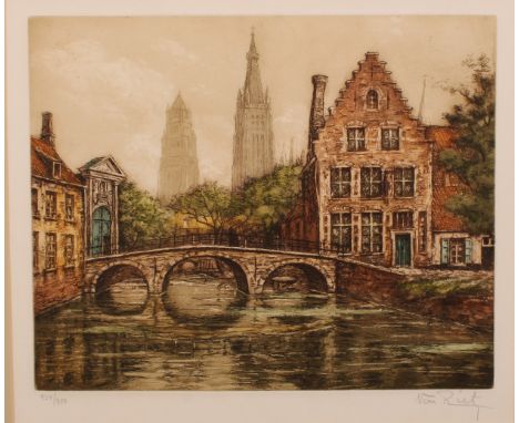 Willy van Riet (1882-1927), by and after Dutch Canal and Spire signed, numbered 134/350, coloured etching, 28cm x 32cm