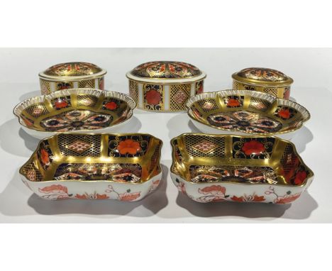Royal Crown Derby  - a pair of 1128 Old Imari rectangular trinket trays, pair of similar pentafoil trinket dishes, three grad