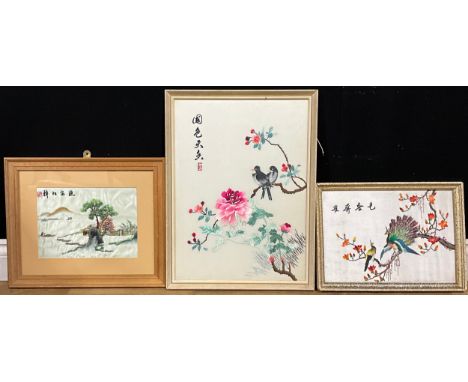 Three Chinese silk embroidery pictures, landscape, floral, bird designs, largest 51.5cm x 39cm (3)