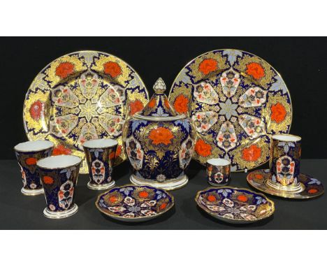 A Hamilton Imari urn and cover; plates; spill vase; etc