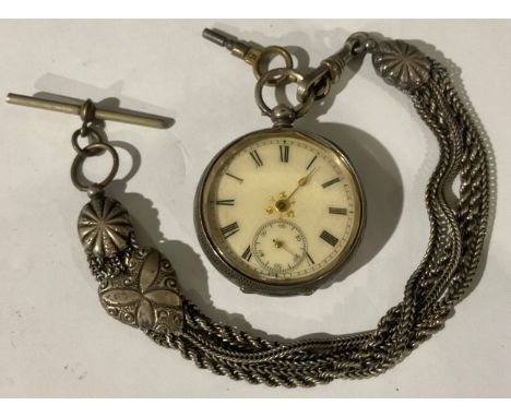 A late 19th century continental lady's silver open face pocket watch, white enamel dial, Roman numerals, subsidiary seconds d