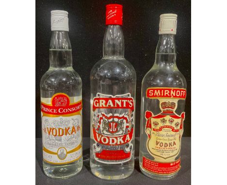 Vodka - Smirnoff vodka, 65.5 proof, 26 2/3fl oz, seal intact; Grant's Vodka, 37.5%, 1ltr, seal intact; Prince Consort vodka, 