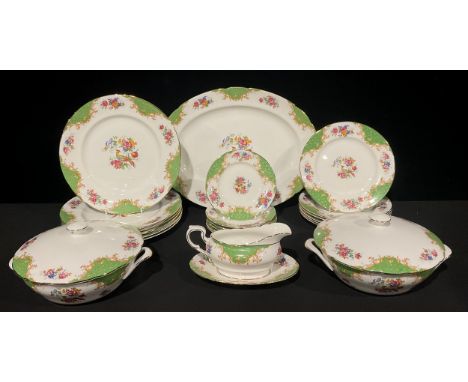 A Paragon Rockingham pattern dinner service for six, comprising meat platter, dinner plates, side plates, salad plates, turee