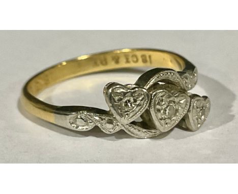 18ct Gold & Platinum Illusion Set Diamond Three Stone Heart Design Ring The ring is set with three melee Round Brilliant Cut 