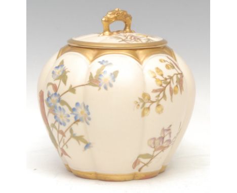 A Royal Worcester lobed ovoid biscuit barrel and cover, decorated with flowers on an ivory ground, deep gilt borders, 17cm hi