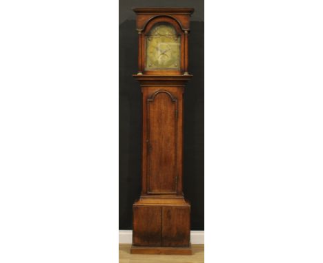 A George III oak longcase clock, 28cm arched brass dial inscribed R. Hills SUNDERLAND, Roman and subsidiary Arabic numerals, 