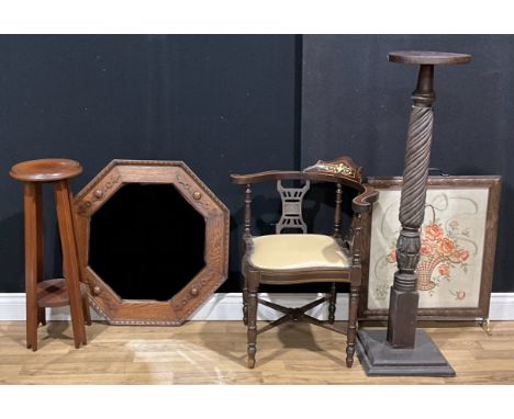 An Edwardian mahogany and ivorine marquetry corner chair; statuary pedestal; jardiniere stand; fire screen; mirror (5)