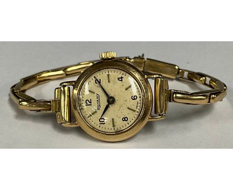 A Rotary 9ct gold cased bracelet wristwatch, silver dial, alternating Arabic numerals and block baton markers, manual wind mo