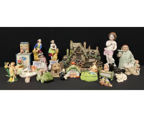 A Studio Pottery table lamp; Continental porcelain figures of Blind Mans Buff, Pigs, etc