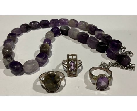 Two Kit Heath Amethyst Sterling Silver rings, a Labradorite sterling silver ring and an Amethyst Polished Bead Necklace with 