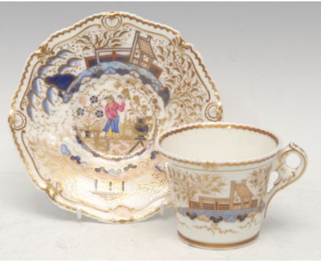 A Chamberlains Worcester chinoiserie coffee cup and saucer, decorated in polychrome with figure in Oriental scene, picked out