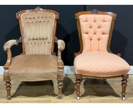 A late Victorian walnut drawing room chair, 93cm high, 68cm wide; another, 91cm high, 58cm wide (2)