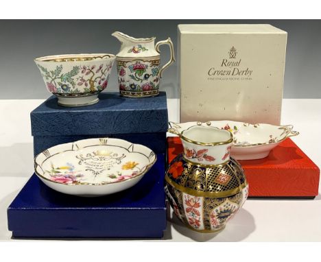 A Royal Crown Derby Imari 1128 pattern lobed ovoid vase, 8cm, first quality, boxed; a Royal Crown Derby Indian Tree pattern c