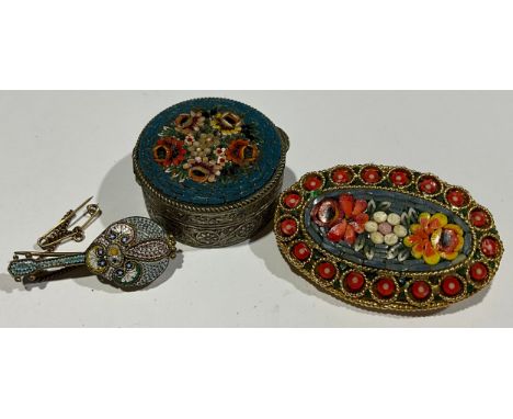 Three pieces of micro-mosaic jewellery to include; an unmarked white metal Italian micro-mosaic trinket box, a gold plated ov