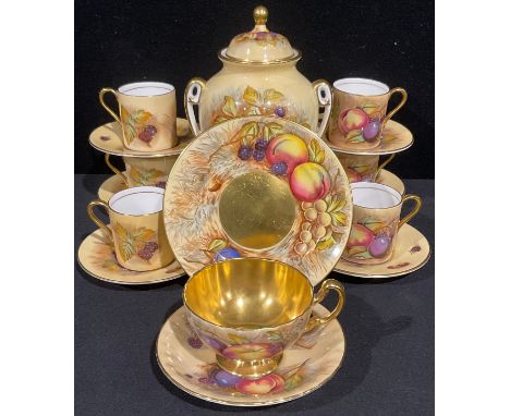 A set of six Aynsley Orchard gold pattern coffee cans and saucers, similar trio and twin handled urn and cover, printed marks