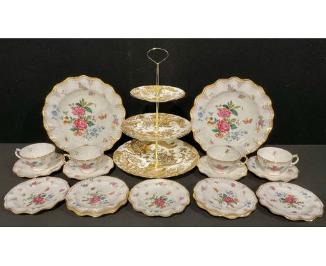 Royal Crown Derby - Derby Days pattern table china,  two wavy rim 26cm diameter plates, seven 15.3cm diameter side plates, fo