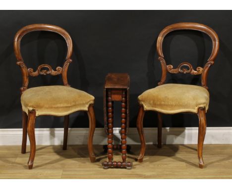 A pair of Victorian walnut side chairs, 86.5cm high, 45cm wide, the seat 34cm deep; a late Victorian walnut bobbin-turned Sut