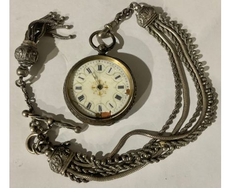 A late 19th century continental lady's silver open face pocket watch, white enamel dial, Roman numerals, the case chased and 